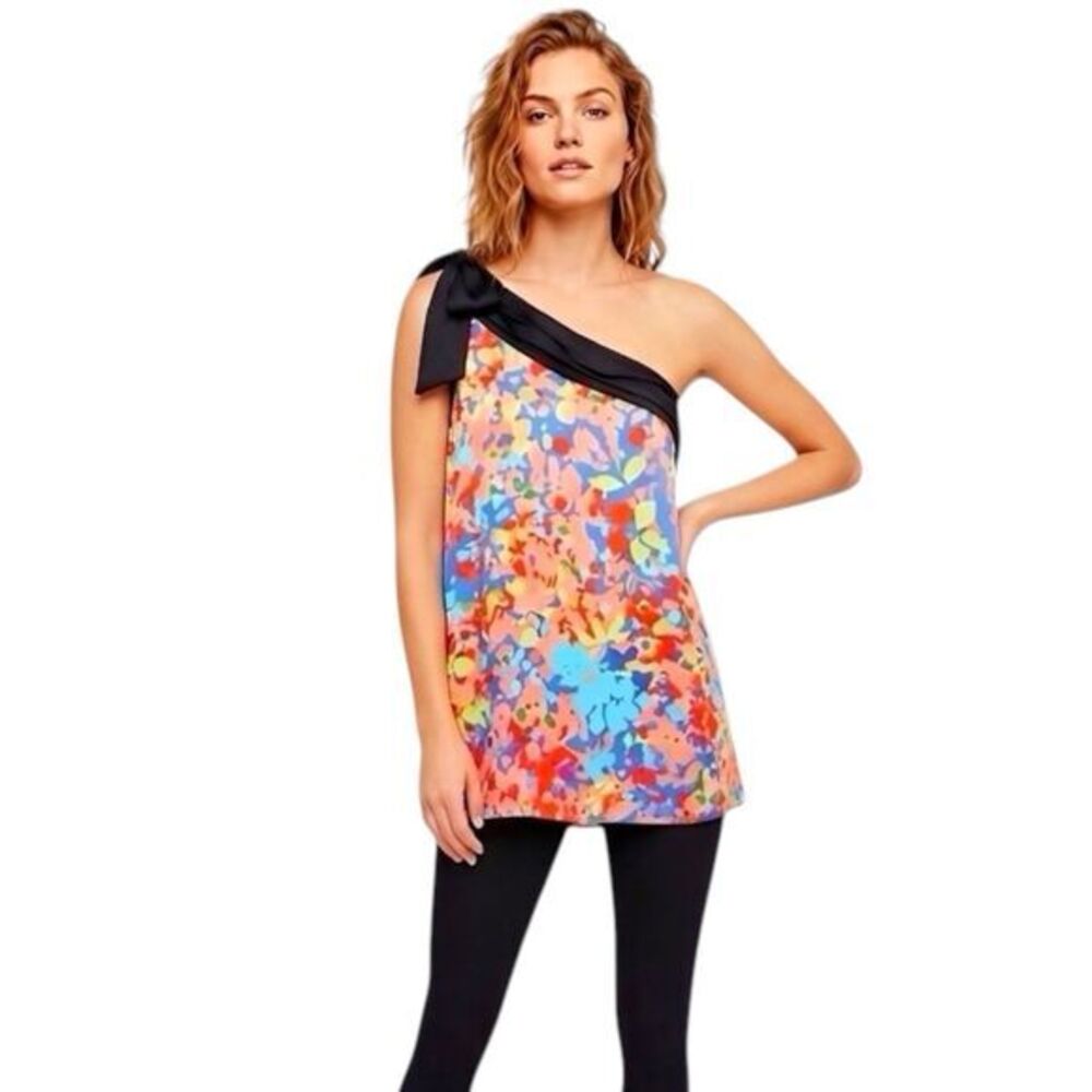 Kensie Womens Blouse One Shoulder Floral Satin Sz Medium Retro Tunic Bohemian